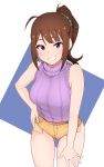  1girl ahoge bangs bare_arms bare_shoulders blue_background blunt_bangs breasts brown_hair buttons commentary_request cowboy_shot denim denim_shorts eyebrows_visible_through_hair green_scrunchie grin hair_ornament hair_scrunchie hand_on_hip hand_on_own_thigh highres idolmaster idolmaster_million_live! leaning_forward light_blush looking_at_viewer medium_breasts medium_hair minakami ponytail purple_eyes purple_sweater rectangle ribbed_sweater scrunchie short_shorts shorts sidelocks sleeveless_sweater smile solo standing sweater turtleneck turtleneck_sweater two-tone_background white_background yellow_shorts yokoyama_nao 