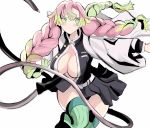  1girl black_jacket black_skirt blush breasts center_opening cleavage closed_mouth green_eyes green_hair haori highres jacket japanese_clothes kanroji_mitsuri kimetsu_no_yaiba large_breasts long_hair long_sleeves mole mole_under_eye multicolored_hair partially_unbuttoned pink_hair rakeem_garcia-cueto ribbed_legwear simple_background skirt solo thighhighs tri_braids whip_sword white_background 