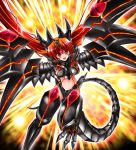  1girl :d breastplate breasts bunji commentary dragon dragon_girl dragon_tail dragon_wings duel_monster flying long_hair looking_at_viewer mecha_musume mechanical_wings open_mouth orange_hair personification red-eyes_darkness_metal_dragon red_eyes smile solo tail v-shaped_eyebrows very_long_hair wings wyvern yuu-gi-ou 