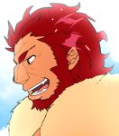  1boy backlighting beard blue_eyes cape chako_nejio close-up facial_hair fate/grand_order fate/zero fate_(series) flat_color from_side fur-trimmed_cape fur_trim iskandar_(fate) looking_at_another male_focus manly open_mouth red_eyes red_hair short_hair simple_background smile solo teeth 