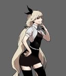  1girl belt black_bow black_dress black_hairband black_ribbon blonde_hair bow bow_hairband breasts cleavage closed_mouth dress gogalking grey_background grey_shirt hair_bow hair_ribbon hairband hand_on_hip hand_up highres long_hair looking_at_viewer low-tied_long_hair open_clothes open_shirt original pencil_dress puffy_short_sleeves puffy_sleeves red_eyes ribbon shirt short_dress short_sleeves simple_background smile solo twintails very_long_hair 