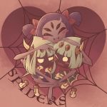  5health :o bangs blunt_bangs blush_stickers extra_arms extra_eyes extra_legs fangs heart highres horns hug insect_girl kirby&#039;s_dream_land kirby_(series) light_green_hair muffet purple_hair purple_skin scarf short_twintails silk spider_girl spider_web taranza twintails undertale 