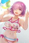  1girl ball bangs bare_shoulders beachball bikini blush breasts cleavage collarbone fate/grand_order fate_(series) hair_over_one_eye highres large_breasts light_purple_hair mash_kyrielight navel open_mouth purple_eyes rainbow_bikini rokuo016 sheer_clothes short_hair smile striped striped_bikini swimsuit swimsuit_of_perpetual_summer_ver.02 