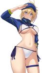  1girl ahoge akatsuki_ikki artoria_pendragon_(all) bangs baseball_cap bikini blonde_hair blue_eyes blue_headwear blue_jacket blush breasts cleavage cropped_jacket fate/grand_order fate_(series) hair_between_eyes hair_through_headwear hat jacket large_breasts long_hair looking_at_viewer mysterious_heroine_xx_(foreigner) navel ponytail shrug_(clothing) sidelocks smile swimsuit thigh_strap thighs white_bikini wristband 