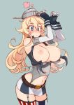  1girl :o areolae arms_up bangs belt blonde_hair blue_eyes blush breasts breasts_outside commentary_request elbow_gloves eyebrows_visible_through_hair fingerless_gloves garter_straps gloves headgear iowa_(kantai_collection) kantai_collection kusanagi_tonbo large_breasts long_hair miniskirt mismatched_legwear navel nipples no_bra parted_lips simple_background skirt solo star-shaped_pupils star_(symbol) striped striped_legwear symbol-shaped_pupils thighhighs vertical-striped_legwear vertical_stripes 