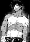  1boy alternate_pectoral_size artist_name bara black_background boku_no_hero_academia burn_scar cowboy_shot dabi_(boku_no_hero_academia) ear_piercing earrings english_commentary from_below gradient gradient_background grey_background greyscale grin half-closed_eyes jasdavi jewelry large_pectorals male_focus monochrome navel nipples outline pants pectorals piercing scar scar_on_face shiny shiny_clothes short_hair smile solo teeth topless_male web_address white_outline 