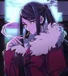 1girl bangs cigarette coat commentary cyberpunk english_commentary fur_collar highres inktober jill_stingray kamuify long_hair looking_at_viewer purple_hair red_coat red_eyes smoke smoking solo swept_bangs twintails upper_body v va-11_hall-a winter_clothes winter_coat 