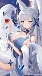  1girl alternate_costume animal_ear_fluff animal_ears azur_lane bangs bare_shoulders basil_(st_1) blue_butterfly blue_dress blue_eyes blush breasts bug butterfly cleavage cup dress feather_boa fox_ears grey_hair hair_ornament highres holding holding_cup insect kitsune large_breasts long_hair looking_at_viewer multiple_tails shinano_(azur_lane) shinano_(light_of_the_hazy_moon)_(azur_lane) sitting solo tail very_long_hair 