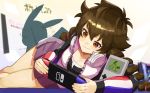  1girl bangs blurry blush breasts brown_hair cleavage closed_mouth commentary_request eevee eyelashes game_boy gen_1_pokemon gotcha! gotcha!_girl_(pokemon) hair_tie handheld_game_console highres holding holding_handheld_game_console jacket katwo long_hair long_sleeves nintendo_switch pikachu pleated_skirt pokemon purple_skirt shiny shiny_hair skirt smile tied_hair twintails zipper 