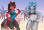  2020 anthro blue_hair blue_nose canid canine canis clothed clothing day detailed_background digital_media_(artwork) female hair hybrid mammal midriff navel open_mouth outside piranha_fish sky smile teeth tongue wolf 