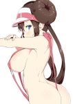  1girl ass blue_eyes breasts brown_hair double_bun large_breasts long_hair looking_at_viewer pink_swimsuit pokemon pokemon_(game) pokemon_bw2 rosa_(pokemon) sideboob simple_background slingshot_swimsuit solo swimsuit tottotonero twintails visor_cap white_background 