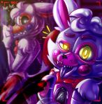  2019 ambiguous_gender animatronic black_sclera canid canine cheek_tuft claws duo facial_tuft five_nights_at_freddy&#039;s five_nights_at_freddy&#039;s_world fox funtime_foxy_(fnafsl) hair jam-graphics lipstick lolbit_(fnaf) looking_at_viewer machine makeup mammal naughty_face open_mouth orange_claws orange_inner_ear pawpads pink_cheeks pink_claws pink_inner_ear ribbons robot sharp_teeth shoulder_tuft sister_location speaker teeth tongue tongue_out tuft video_games white_eyes white_hair yellow_eyes 