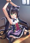  1girl absurdres agung_syaeful_anwar animal_ear_fluff animal_ears armpits arms_up bangs bare_arms bare_shoulders bars black_hair black_legwear blush breasts cat_ears cat_girl cat_tail commentary eyebrows_visible_through_hair fang frilled_skirt frills garter_straps green_eyes hair_between_eyes highres indoors karyl_(princess_connect!) long_hair looking_at_viewer low_twintails multicolored_hair on_floor open_mouth princess_connect! princess_connect!_re:dive purple_skirt restrained rope shirt skirt sleeveless sleeveless_shirt small_breasts solo streaked_hair tail tail_raised thighhighs twintails v-shaped_eyebrows very_long_hair wavy_mouth white_hair white_shirt wooden_floor 