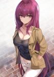  1girl absurdres bangs black_shirt blush breasts brown_jacket buttons cleavage collarbone contemporary fate/grand_order fate_(series) hands_in_pockets highres jacket kesoshirou large_breasts long_hair long_sleeves looking_at_viewer open_clothes open_jacket pants purple_hair red_eyes scathach_(fate)_(all) scathach_(fate/grand_order) shirt white_pants 
