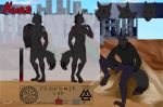  absurd_res anthro black_body black_fur canid canine canis city clothing desert english_text fefran fur glowing glowing_runes hi_res jacket jewelry kura_(kurawulf) leather leather_jacket male mammal markings model_sheet multiple_angles necklace norse_runes red_eyes red_markings runes solo text topwear valknut vegvisir wolf 