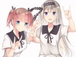  2girls \m/ bad_proportions bangs black_hairband black_ribbon blue_eyes blush breasts brown_hair collarbone commentary_request dress eyebrows_visible_through_hair fujiwara_moeha grey_hair hair_ornament hair_ribbon hairband highres jii_tomo kaguya-sama_wa_kokurasetai_~tensai-tachi_no_renai_zunousen~ long_hair looking_at_viewer multiple_girls open_mouth ribbon school_uniform shirogane_kei shirt short_hair short_sleeves short_twintails shuuchiin_academy_uniform silver_hair simple_background smile twintails upper_body white_background white_dress 