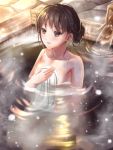  1girl bathing breasts brown_eyes brown_hair hair_up highres izumi_(stardustalone) onsen outdoors ripples small_breasts snow towel water wet 