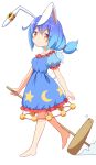  absurdres ambiguous_red_liquid animal_ears bare_legs barefoot blue_dress blue_hair bunny_ears bunny_tail crescent crescent_print dress ear_clip eyebrows_visible_through_hair full_body highres holding holding_mallet mallet ponytail puffy_short_sleeves puffy_sleeves red_eyes seiran_(touhou) short_hair short_sleeves simple_background smoke star_(symbol) tail touhou tsuri_buta white_background 