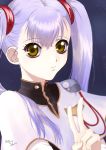  1girl absurdres artist_name close-up highres hoshino_ruri huge_filesize kidou_senkan_nadesico kidou_senkan_nadesico_-_prince_of_darkness long_hair looking_at_viewer solo space twintails uniform v white_hair yellow_eyes yubi_kamii 