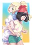  2girls :d absurdres back-to-back beanie black_eyes black_hair blonde_hair dress green_eyes green_shorts hat highres lillie_(pokemon) long_hair looking_at_another mizuumi_(bb) multiple_girls open_mouth pokemon pokemon_sml ponytail red_headwear selene_(pokemon) shirt short_hair short_sleeves shorts smile tied_shirt white_dress yellow_shirt 