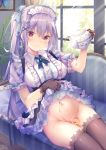  1girl bangs blush breasts dress dress_lift eyebrows_visible_through_hair frills gloves groin hair_between_eyes hair_ornament highres holding kinokomushi large_breasts long_hair looking_at_viewer maid maid_headdress navel original pouring pouring_onto_self purple_eyes purple_hair sidelocks sitting smile solo thighs twintails x_hair_ornament 