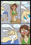  2020 age_difference anthro black_border blonde_hair border bra breasts brown_hair canid canine canis clothed clothing comic digital_media_(artwork) duo english_text female green_eyes hair hi_res kanashiipanda lagomorph leporid mammal mature_female older_female open_mouth panties rabbit teeth text tongue underwear wolf younger_female 