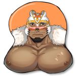  1boy bara bare_chest bear_mask blush breast_mousepad brown_eyes chest dark_skin dark_skinned_male facial_hair fur_trim goatee highres live_a_hero male_focus manly mask mousepad_(medium) muscle nipples pectoral_focus pectoral_press polaris_mask_(live_a_hero) reki_uraaka short_hair white_background wrestler 