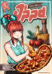  1girl aqua_bow aqua_shirt bangs blunt_bangs bow cheese cheese_trail collared_shirt earrings eating eyebrows_visible_through_hair eyes_visible_through_hair food hair_bow hair_bun highres jewelry kenron_toqueen looking_at_viewer mushroom original pizza pizza_slice red_hair shirt sidelocks sleeveless smile solo tomatita tomato upper_body 