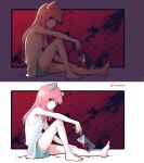  1girl absurdres bangs bare_arms bare_legs bare_shoulders barefoot blood blood_on_clothes cleaver elfen_lied eyebrows_visible_through_hair from_side green_shorts highres horns knee_up long_hair looking_at_viewer lucy_(elfen_lied) multiple_views pink_hair popopoka red_background red_eyes shirt shorts sitting weapon white_background white_shirt 