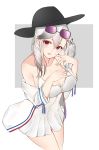  1girl absurdres ayuko_(mochiayuko) azur_lane black_headwear breasts butterfly_hair_ornament cleavage dress drill_hair dunkerque_(afternoon_aphrodite)_(azur_lane) dunkerque_(azur_lane) eyebrows_visible_through_hair eyewear_on_head french_flag grey_hair hair_between_eyes hair_ornament highres jacket large_breasts long_hair looking_at_viewer microdress off-shoulder_jacket red_eyes simple_background solo sunglasses tinted_eyewear white_dress white_jacket 