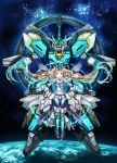  1girl absurdres aqua_eyes blonde_hair cosplay eve_(gundam_build_divers_re:rise) floating floating_hair greatwhite1122 green_eyes gundam gundam_build_divers gundam_build_divers_re:rise highres huge_filesize looking_at_viewer mecha mecha_musume nepteight_gundam nepteight_gundam_(cosplay) open_hands open_mouth revision space twintails v-fin 
