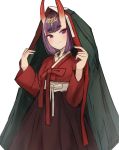  1girl absurdres bangs blush bob_cut breasts eyeliner fate/grand_order fate_(series) hanbok headpiece highres horns korean_clothes long_sleeves looking_at_viewer makeup oni oni_horns purple_eyes purple_hair sash short_hair shuten_douji_(fate/grand_order) simple_background skin-covered_horns small_breasts smile sookmo white_background 