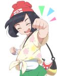  1girl ^_^ bag beanie black_hair blush bubukka clenched_hands closed_eyes green_shorts hat open_mouth pokemon pokemon_(game) pokemon_sm red_headwear selene_(pokemon) shirt short_hair short_sleeves shorts simple_background smile solo teeth tied_shirt upper_teeth white_background yellow_shirt 