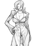  1girl breasts choker cleavage closed_mouth genderswap genderswap_(mtf) hair_over_one_eye jacket large_breasts looking_at_viewer monochrome sawao short_hair simple_background solo the_king_of_fighters white_background yagami_iori 