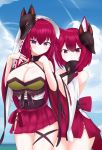  2girls absurdres animal_ear_fluff animal_ears azur_lane bare_shoulders bow breasts chitose_(azur_lane) chiyoda_(azur_lane) cleavage eyebrows_visible_through_hair fox_mask hair_between_eyes high_collar highres huge_filesize large_breasts long_hair looking_at_viewer mask min1910 miniskirt multiple_girls pleated_skirt purple_eyes red_bow red_hair red_skirt see-through short_hair skirt 