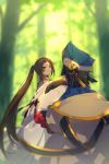  2girls bangs bare_shoulders bikini black_hair blue_headwear blurry blurry_background breasts brown_eyes brown_hair chinese_clothes cis05 consort_yu_(fate) doll eyewear_on_head fate/grand_order fate_(series) forest hair_ornament hairpin hat holding holding_doll long_hair long_sleeves medium_breasts multiple_girls nature open_clothes open_mouth robe short_hair small_breasts sunglasses swimsuit twintails very_long_hair white_bikini white_robe wide_sleeves xu_fu_(fate) yu_miaoyi_(swimsuit_lancer) 