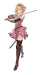  1girl bangs belt blonde_hair boots brown_eyes brown_footwear closed_mouth derivative_work djeeta_(granblue_fantasy) dress fighter_(granblue_fantasy) full_body gauntlets granblue_fantasy granblue_fantasy_versus hairband highres holding holding_sword holding_weapon kazeno looking_at_viewer pink_dress puffy_sleeves sheath shiny shiny_hair short_dress short_hair simple_background smile solo standing sword thigh_boots thighhighs weapon white_background zettai_ryouiki 