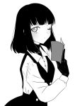  1girl bangs black_dress black_hair book collared_shirt commentary_request dress dress_shirt greyscale highres hikaru_(ofuton_at5) holding holding_book kuzu_to_megane_to_bungaku_shoujo_(nise) looking_at_viewer medium_hair monochrome one_eye_closed orikawa_iori shirt slit_pupils upper_body white_background 