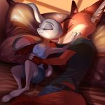  1:1 2020 anthro barefoot bottomwear canid canine clothed clothing disney duo embrace eyes_closed female flat_chested fox fur grey_body grey_fur hi_res judy_hopps lagomorph leporid lying male mammal nick_wilde orange_body orange_fur pants pillow rabbit relaxable relaxablefur shirt sleeping smile topwear zootopia 