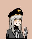  1girl black_headwear blush braid bright_pupils closed_mouth french_braid gloves gogalking grey_background grey_gloves grey_hair hand_up hat looking_at_viewer military_hat original simple_background smile solo uniform_girl_(gogalking) v white_pupils yellow_eyes 