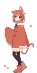  1girl animal_ears blush boots cat_ears cat_tail fang highres ikazuchi_(kantai_collection) kantai_collection paw_print poncho red_footwear red_hair short_hair skin_fang solo tail yoru_nai 