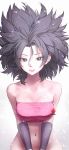  1girl absurdres amaguchi_chiyoko bare_shoulders big_hair black_eyes black_hair bottomless caulifla collarbone dragon_ball dragon_ball_super highres looking_at_viewer navel no_pants out-of-frame_censoring parted_lips pink_tubetop solo spiked_hair stomach strapless tubetop upper_body wristband 