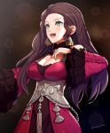  1girl :d bare_shoulders blurry bokeh breasts brown_hair cleavage corset depth_of_field dorothea_arnault dress earrings fire_emblem fire_emblem:_three_houses gonzarez green_eyes highres jewelry long_hair long_sleeves medium_breasts music open_mouth red_dress singing smile solo 