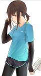  1girl alternate_costume arms_up breasts brown_hair collarbone earphones fubuki_(kantai_collection) hat highres kantai_collection kumanoko pants ponytail short_hair simple_background skin_tight small_breasts smile sportswear standing white_background 