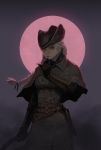  1girl absurdres belt black_gloves bloodborne braid coat double-breasted floating_hair full_moon gloves gogalking grey_capelet grey_coat hand_up hat highres holding holding_weapon hunter_(bloodborne) looking_at_viewer moon multiple_belts parted_lips pink_moon red_eyes single_braid solo standing tricorne weapon white_hair 