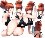  1girl bangs black_swimsuit blush breast_conscious breast_grab breasts cleavage clothing_cutout earrings foot_out_of_frame grabbing hair_bun hair_ornament hair_stick heart highres jewelry kenron_toqueen large_breasts navel navel_cutout no_nose one-piece_swimsuit one_eye_closed original outline red_hair sidelocks solo swimsuit tomatita tongue tongue_out upper_body white_eyes white_outline 