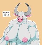  anthro areola big_areola big_breasts big_nipples bovid bovine breasts cattle english_text female hi_res horn mammal muscular muscular_anthro muscular_female nipples pupils slit_pupils snakedakyoot solo text 