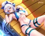  1girl adapted_costume armpits bikini blue_bikini blue_bow blue_swimsuit blush bow breasts cellphone collarbone fate/grand_order fate_(series) hair_between_eyes hair_bow highres holding holding_phone long_hair medium_breasts midriff mitsudomoe_(shape) multicolored multicolored_bikini multicolored_clothes multicolored_swimsuit navel patreon_username phone ponytail red_eyes shadow silver_hair smartphone smile solo striped striped_swimsuit swimsuit thigh_strap tomoe_(symbol) tomoe_gozen_(fate/grand_order) tomoe_gozen_(swimsuit_saber)_(fate) very_long_hair vilde_loh_hocen watermark web_address white_bikini white_swimsuit wristband 