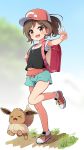  &gt;_&lt; 1girl :d backpack bag bangs baseball_cap black_shirt blue_shorts blurry blurry_background blush brown_eyes brown_hair closed_eyes depth_of_field eevee elaine_(pokemon) eyebrows_visible_through_hair gen_1_pokemon hat highres holding_strap looking_at_viewer navel nekono_rin open_mouth outstretched_arm pokemon pokemon_(creature) pokemon_(game) pokemon_lgpe ponytail randoseru red_footwear red_headwear shirt shoes short_shorts short_sleeves shorts smile standing standing_on_one_leg swept_bangs v xd 