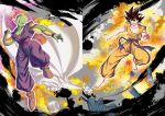  2boys :d barefoot black_hair cape cape_removed dougi dragon_ball dragon_ball_(classic) fighting_stance footwear_removed full_body green_skin grin headwear_removed male_focus mattari_illust multiple_boys muscle open_mouth pectorals piccolo pointy_ears smile son_gokuu white_cape 